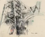 Jeanette Kann, Untitled, BRIDGE CROSSING, signed lower right. pen and ink