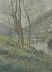 John H. Richard, Fox by a Stream, Watercolor