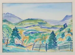 E.R. Carson, Mountain Landscape with Cabin, Watercolor