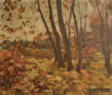 E. de Ryck, Untitled, FALLING LEAVES IN AUTUMN IN FOREST, oil on canvas