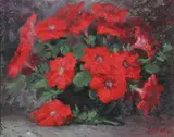 James Jefferys, Red Petunias, Oil on board