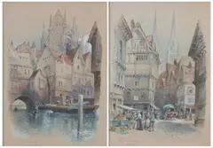 R. Randall, A Quaint Corner, Watercolor and graphite