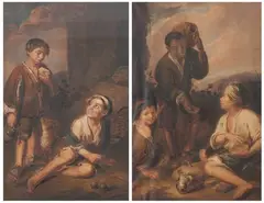 TWO SPANISH PEASANT BOYS WITH DOG and THE BARTER: TWO WORKS, the first inscribed on the reverse by Bartolomé Esteban Murillo, Watercolor on paper laid down on panel, sold Feb 2008