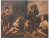 Bartolomé Esteban Murillo, TWO SPANISH PEASANT BOYS WITH DOG and THE BARTER: TWO WORKS, the first inscribed on the reverse, Watercolor on paper laid down on panel