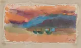 Christian Kruck, Abstract with Green Boats, Watercolor on canvas mounted on cardboard