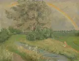 Gertrude Quicker, Girl and Ducks by a Stream, Oil on board