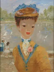 Auguste Leroux, Young Girl in Hat with Blue Ribbons, Oil on panel