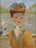 Auguste Leroux, Young Girl in Hat with Blue Ribbons, Oil on panel