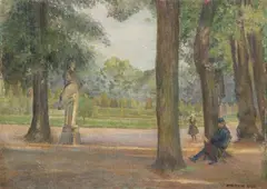 GIRL SKIPPING ROPE IN PARK, estate stamped on lower right and on reverse by Madeleine Marie Aimé, Oil on board, sold Feb 2008