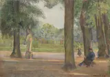 Madeleine Marie Aimé, GIRL SKIPPING ROPE IN PARK, estate stamped on lower right and on reverse, Oil on board