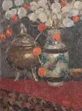 Bouquet in Famille Rose Vase with Chinese Bronze Vessel by French School, BOUQUET IN FAMILLE ROSE VASE WITH CHINESE BRONZE VESSEL, oil on panel, sold Feb 2008