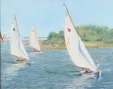 Candace Whittmore Lovely, Indians and the Great Cape Island Race, Oil on canvas