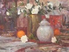 John Encinias, White Roses, Oil on canvas