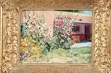 Francis Donald, Adobe and Hollyhocks, Oil on board