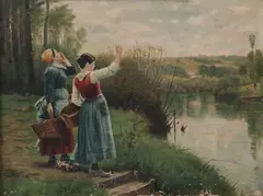 Daniel Ridgeway Knight, Untitled, GIRLS BY A STREAM, oil on canvas