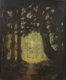 Untitled by American School, CLEARING IN THE WOODS, oil on board, sold Feb 2008