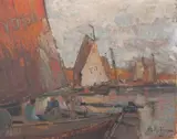 Alexander C. Robinson, Afternoon in Harbor- Volendam, Gouache on paper laid down on board