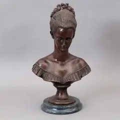 Busto de Dama, SIGLO XX, Bronce, patinado en color marrón; base de mármol veteado