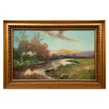 Anónimo, Vista de paisaje con río, Óleo sobre madera