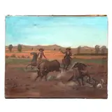 Autor No Identficado, Sin título (persiguiendo al toro), Óleo sobre tela