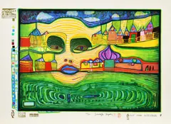 Friedensreich Hundertwasser, Irinaland over the Balkans, Farbserigraphie und Metallprägung auf SCHOELLER STERN (Trockenstempel)