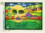 Irinaland over the Balkans by Friedensreich Hundertwasser, Farbserigraphie und Metallprägung auf SCHOELLER STERN (Trockenstempel), sold Aug 2018
