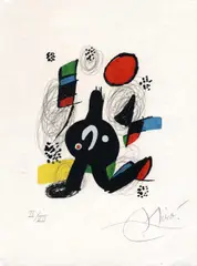 Aus: "La mélodie acide" by Joan Miró, 1980, Farblithografie auf Japon nacré, sold Aug 2018