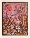 Friedrich Vordemberge, "Rosenmontag", 1976, Aquarellierter Holzschnitt auf Velin