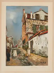 Maurice Utrillo, Le Moulin de la Galette et la rue Cortot, 1950 (?), Farbserigrafie auf Karton