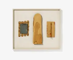 Felix Droese, Auktion 422, Los 631, 1986, Assemblage aus verschiedenen Holzteilen auf Holzwand