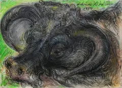 "Kühe II" by Antonius Hoeckelmann, 1980, Wachskreide auf SCHOELLER TURM (Trockenstempel), sold Jan 2019
