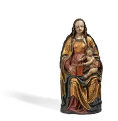 Süddeutsche Schule, Maria mit dem Christusknaben, Lindenholz, rückseitig ausgehöhlt. Polychrome Fassung später überarbeitet. Maße: 82cm