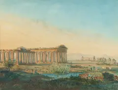 Friedrich Eugen Peipers, Die antiken Tempelanlagen von Paestum, Aquarell über Bleistift auf Papier