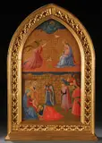 The Annunciation and The Adoration of the Magi by Fra Angelico and Fra Filippo Lippi, Oil on shaped wood panel, contained in ornate carved gilt-wood Gothic-style free-standing frame, offered May 2011