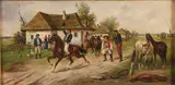 Jeno (Eugen) Kemeny, Hungarian Equestrian Village Scenes - a pair, Oil on canvas laid down