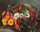 Auguste Kind, Floral Still Life with Basket, Oil on board