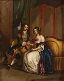 Interior Courting Scene by Continental School, circa 1860, Oil on metal, offered May 2011