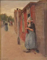 Frederick Carl Smith, Knitting Out of Doors - Volendam, Holland, Oil on board