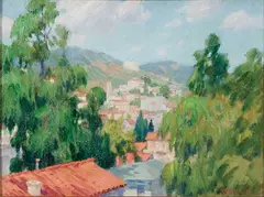 Harley Dewitt Nichols, California Landscape with Rooftops, 1930, Oil on canvas laid down