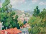 Harley Dewitt Nichols, California Landscape with Rooftops, 1930, Oil on canvas laid down