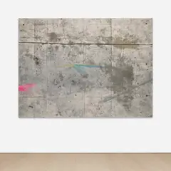 Oscar Murillo, WORK!, 2012, spray print, paint, tape, dirt, yarn and steel grommets on canvas