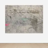 Oscar Murillo, WORK!, 2012, spray print, paint, tape, dirt, yarn and steel grommets on canvas
