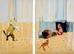 Charming Baker, Samson & Delilah, 2005, acrylic, oil and staples on board, diptych