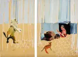 Charming Baker, Samson & Delilah, 2005, acrylic, oil and staples on board, diptych