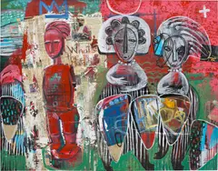 Yannick Ackah, Untitiled, 2021, acrylic, crayon, newspaper and paper and fabric collage on canvas