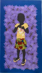 Untitled by Raphael Adjetey Adjei Mayne, 2021, acrylic and african wax print on unstretched canvas, sold Dec 2022