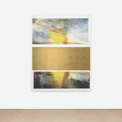 Borrowed Time by Allora & Calzadilla, 2017, silkscreen and gold leaf on linen, sold Dec 2022