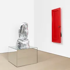 Jim Lambie, Silver Owl (House of the Rising Sun), 2007, ceramic, aluminum tape, wood door, paint, shoe and mirrored pedestal