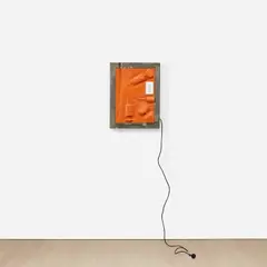 Neil Beloufa, Vintage Series: syringe, steel, acrylic on MDF and electronic components