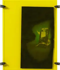 Kerstin Brätsch, Untitled, 2009, spray paint on printed magazine page, Plexiglas and metal industrial clamps